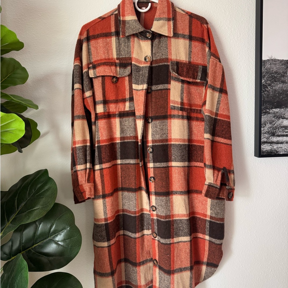 Amazon Essentials Orange Plaid Long Trench Coat